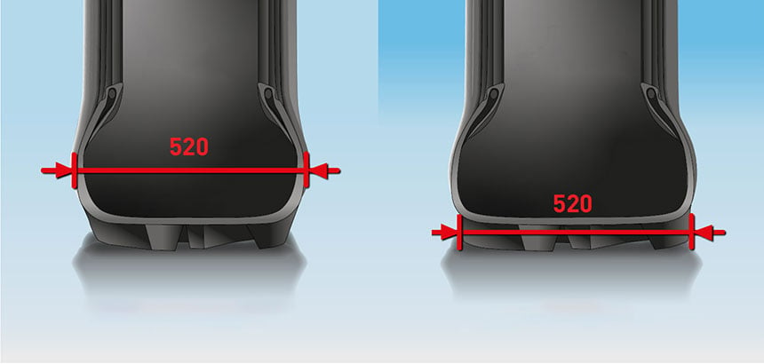 À droite, la largeur de section du VX-R TRACTOR est bien la dimension qui se reporte au sol, contrairement au pneu standard à gauche